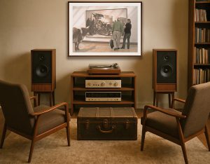 Music listening room with two chairs, a stereo system with a vinyl turntable, and speakers.